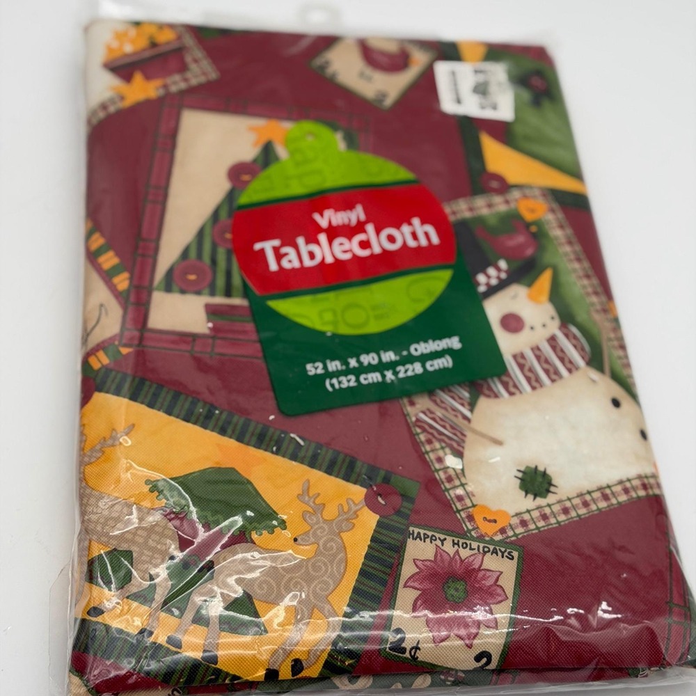 Big Lots Christmas Vinyl Tablecloth Snowman Reindeer Oblong 52x90 Flannel Backed